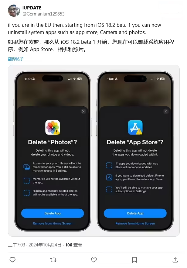 延吉苹果手机维修分享iOS 18.2 支持删除 App Store 应用商店 