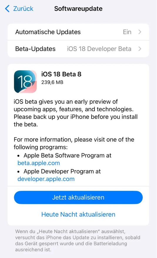 延吉苹果手机维修分享苹果 iOS / iPadOS 18 开发者预览版 Beta 8 发布 